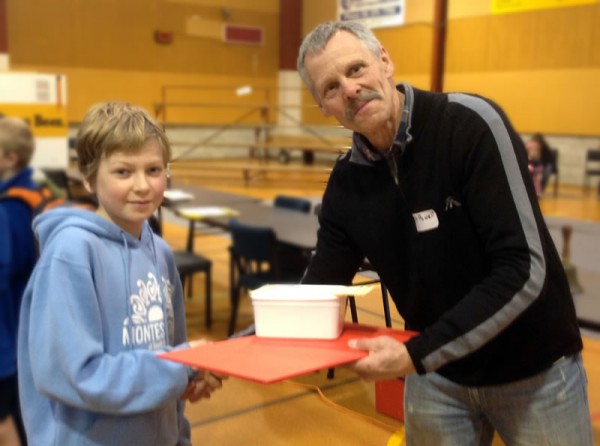 Samuel Hunter And Terry Powell at the Pahiatua Bush Chess Tournament Terry Powell presents Montessori at South End student Samuel Hunter with his chess set prize for winning his age group at the Pahiatua Bush Chess Tournament